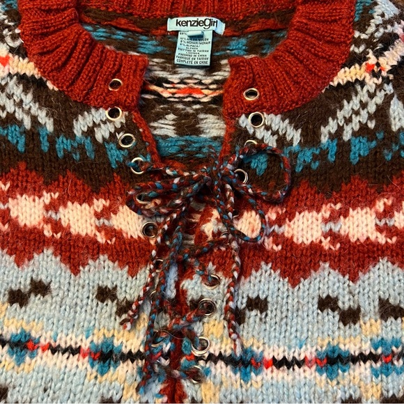Vintage Kenzie Girl Multicolor Mohair Sweater Pullover Lace Up Size M - Picture 7 of 8